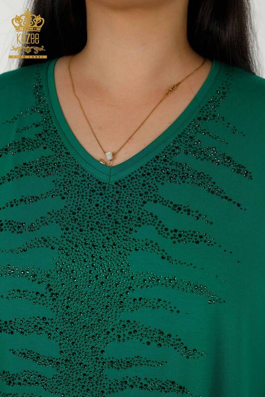 Bluză de damă cu ridicata verde brodat cu piatră - 79321 | KAZEE