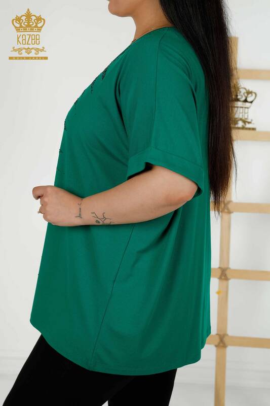Bluză de damă cu ridicata verde brodat cu piatră - 79321 | KAZEE