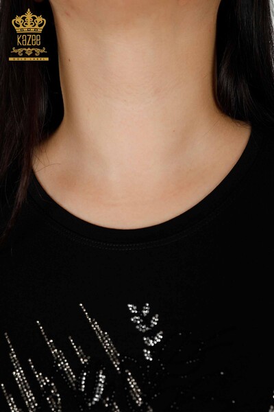 Bluză de damă cu ridicata cu piatră de cristal brodat negru - 78944 | KAZEE - Thumbnail (2)