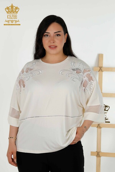 Bluză de damă cu ridicata cu piatră brodata Ecru - 79057 | KAZEE - Thumbnail