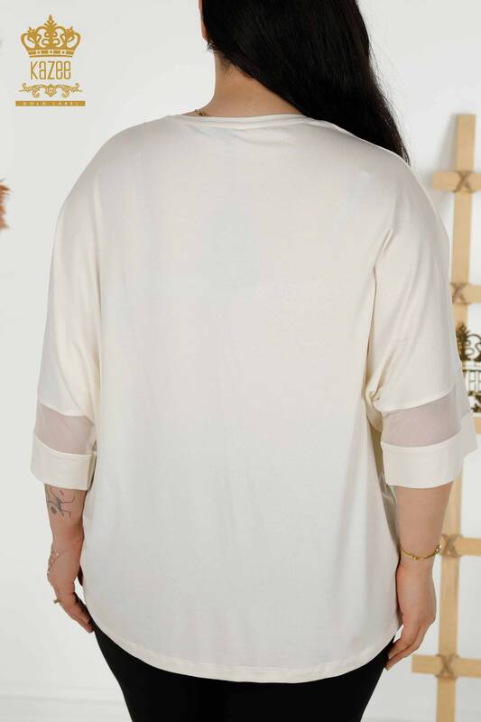 Bluză de damă cu ridicata cu piatră brodata Ecru - 79057 | KAZEE