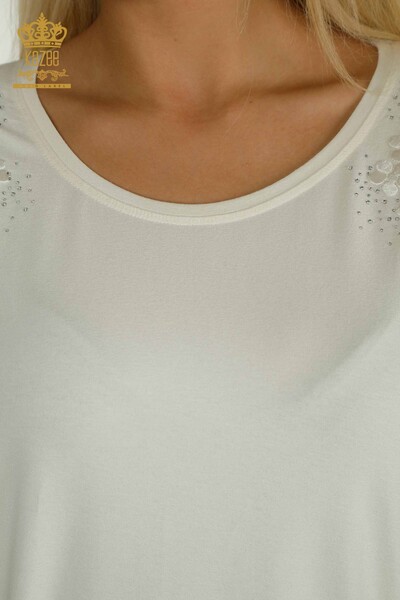 Bluză de damă cu ridicata cu piatră brodata Ecru - 79097 | KAZEE - Thumbnail