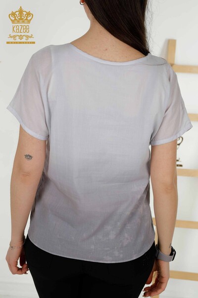 Bluză de damă cu ridicata cu piatră brodata gri - 79174 | KAZEE - Thumbnail