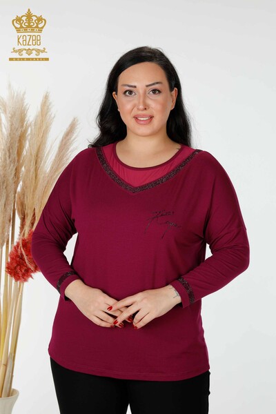 Bluză de damă cu ridicata cu piatră liliac brodat - 77870 | KAZEE - Thumbnail
