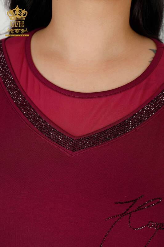 Bluză de damă cu ridicata cu piatră liliac brodat - 77870 | KAZEE