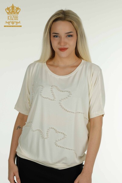 Bluză de damă cu ridicata cu mărgele brodate Ecru - 79196 | KAZEE - Thumbnail