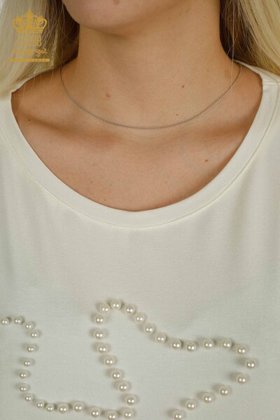 Bluză de damă cu ridicata cu mărgele brodate Ecru - 79196 | KAZEE - Thumbnail