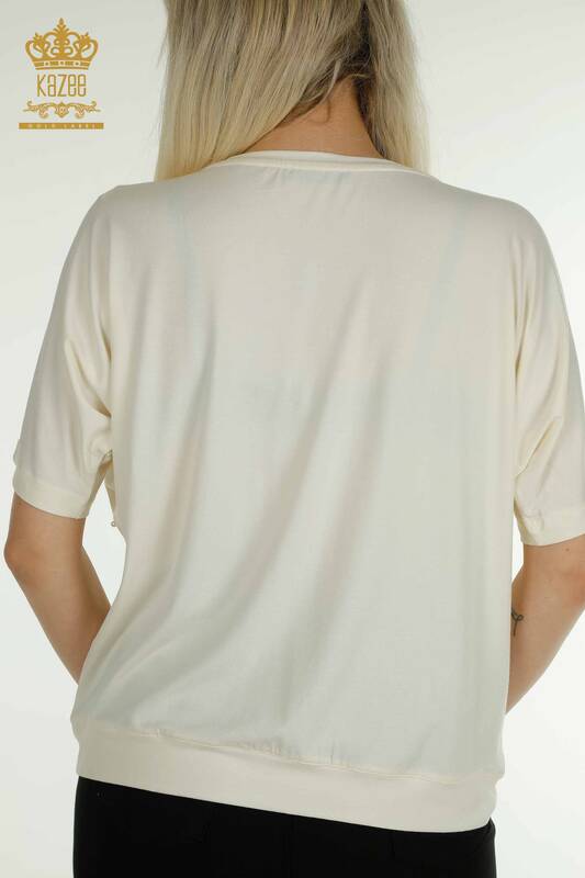 Bluză de damă cu ridicata cu mărgele brodate Ecru - 79196 | KAZEE