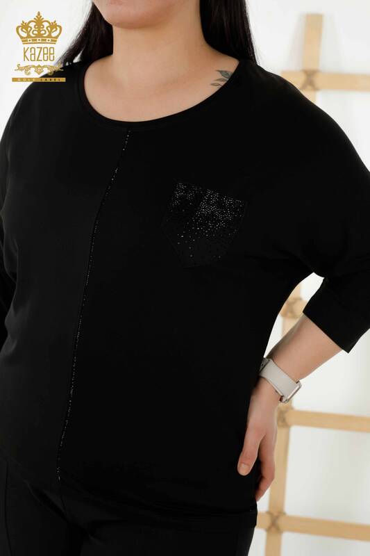 Bluză de damă cu ridicata cu buzunar cu piatră brodata neagră - 79222 | KAZEE