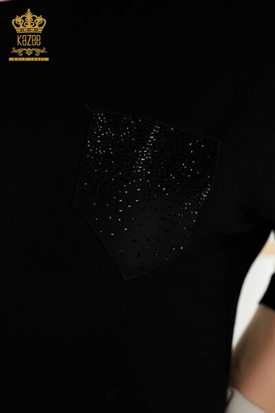 Bluză de damă cu ridicata cu buzunar cu piatră brodata neagră - 79222 | KAZEE - Thumbnail