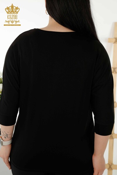 Bluză de damă cu ridicata cu buzunar cu piatră brodata neagră - 79222 | KAZEE - Thumbnail