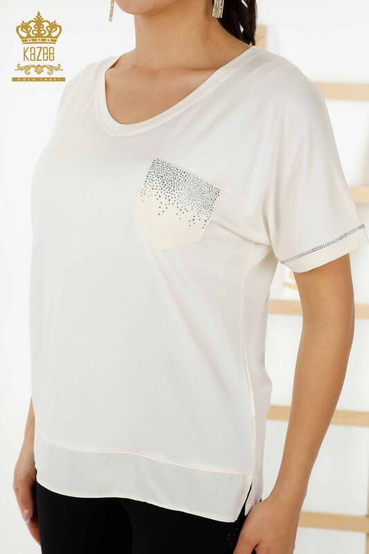Bluză de damă cu ridicata de buzunar cu piatră brodată albă - 79195 | KAZEE