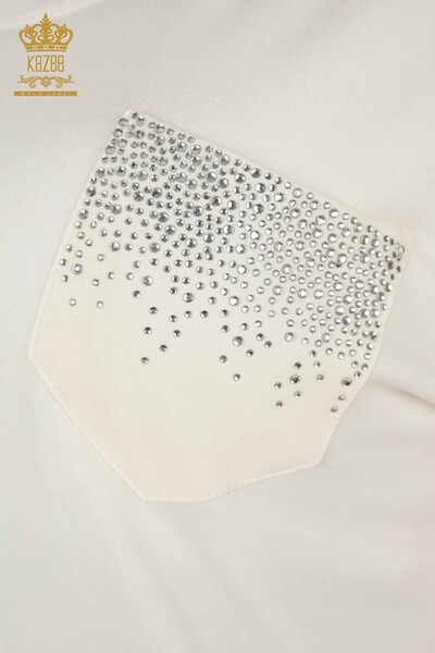 Bluză de damă cu ridicata de buzunar cu piatră brodată albă - 79195 | KAZEE - Thumbnail