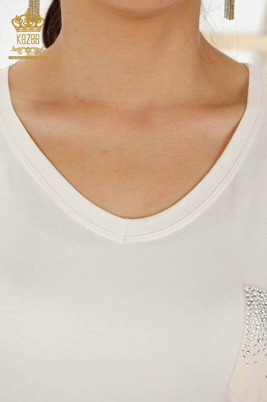 Bluză de damă cu ridicata de buzunar cu piatră brodată albă - 79195 | KAZEE