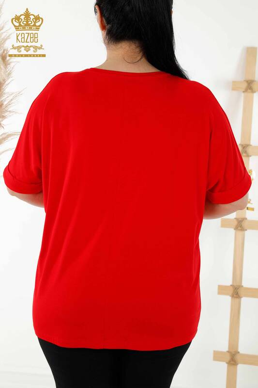 Bluză de damă cu ridicata roșu cu modele florale - 78879 | KAZEE
