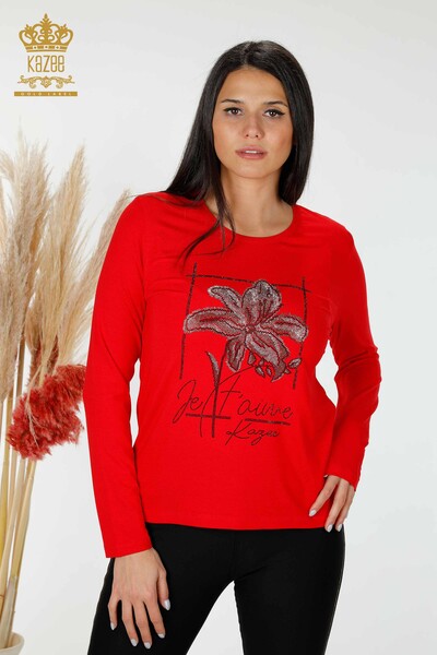 Bluză de damă cu ridicata roșu cu modele florale - 79014 | KAZEE - Thumbnail