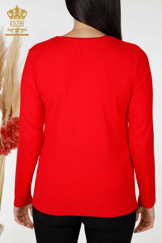 Bluză de damă cu ridicata roșu cu modele florale - 79014 | KAZEE