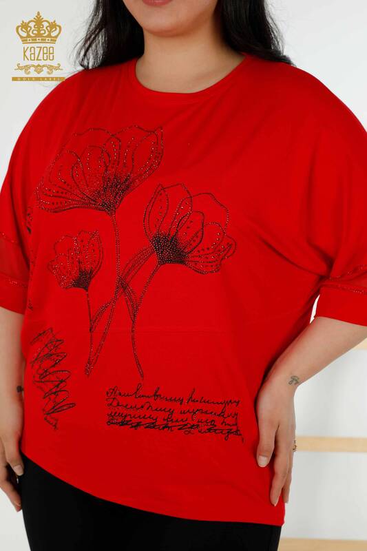 Bluză de damă cu ridicata cu model floral roșu - 79059 | KAZEE