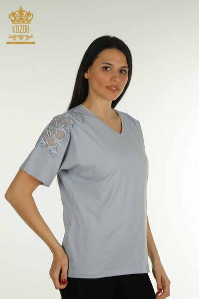 Bluză de damă cu ridicata - Decolteu în V - Albastru - 79550 | KAZEE - Thumbnail