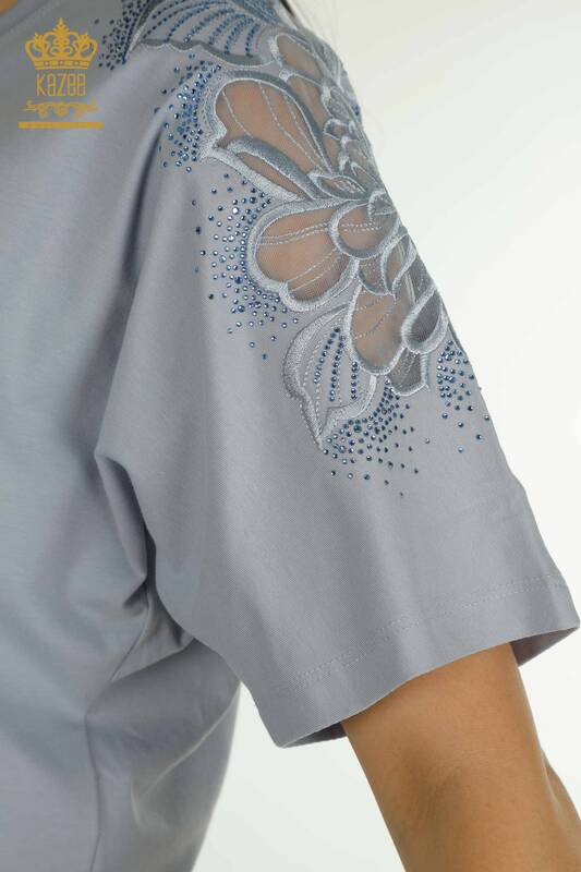 Bluză de damă cu ridicata - Decolteu în V - Albastru - 79550 | KAZEE
