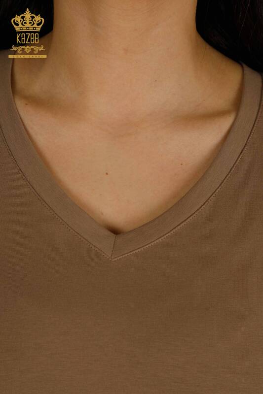 Bluză de damă cu ridicata - Decolteu în V - Maro deschis - 79564 | KAZEE