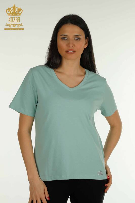 Bluză de damă cu ridicata - Decolteu în V - Mentă - 79564 | KAZEE