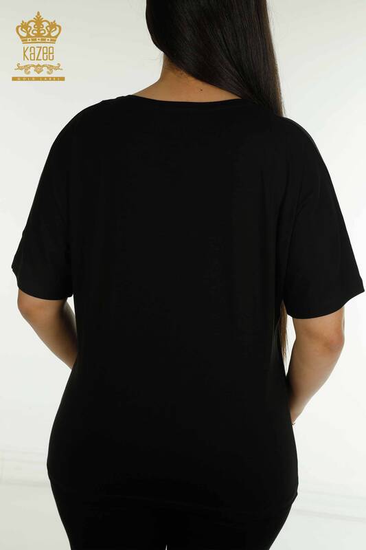Bluză de damă cu ridicata - Decolteu în V - Negru - 79238 | KAZEE