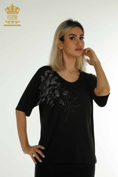 Bluză de damă cu ridicata - Decolteu în V - Negru - 79341 | KAZEE - Thumbnail