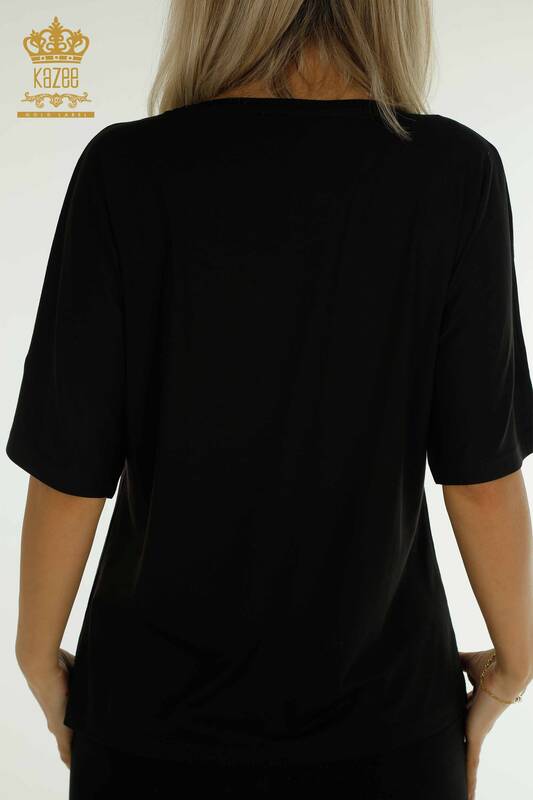 Bluză de damă cu ridicata - Decolteu în V - Negru - 79341 | KAZEE