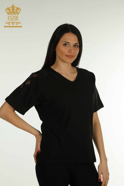 Bluză de damă cu ridicata - Decolteu în V - Negru - 79550 | KAZEE - Thumbnail