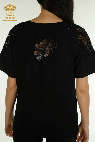 Bluză de damă cu ridicata - Decolteu în V - Negru - 79550 | KAZEE - Thumbnail