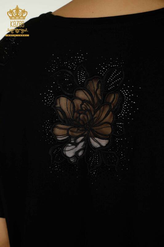 Bluză de damă cu ridicata - Decolteu în V - Negru - 79550 | KAZEE
