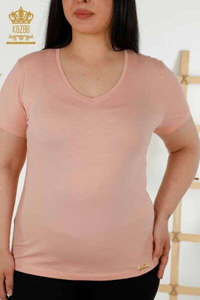 Bluză cu ridicata pentru femei, pudră cu decolteu în V - 79179 | KAZEE - Thumbnail