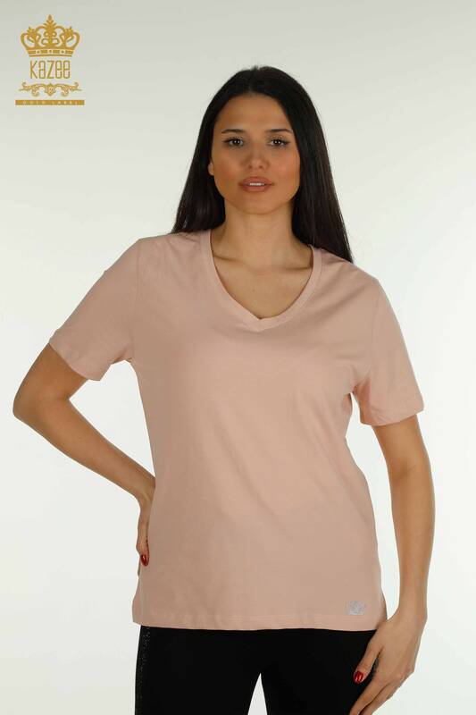Bluză de damă cu ridicata - Decolteu în V - Pudra - 79564 | KAZEE