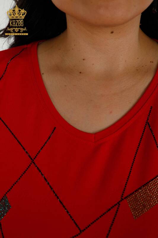 Bluză de damă cu ridicata cu decolteu în V roșu - 79320 | KAZEE
