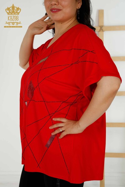 Bluză de damă cu ridicata cu decolteu în V roșu - 79320 | KAZEE - Thumbnail