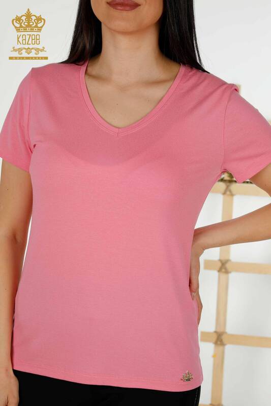 Bluză de damă cu ridicata cu decolteu în V roz - 79179 | KAZEE