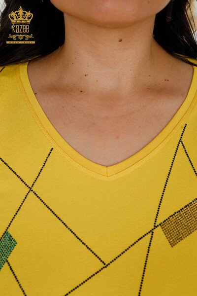 Bluză de damă cu ridicata cu decolteu în V galbenă - 79320 | KAZEE - Thumbnail