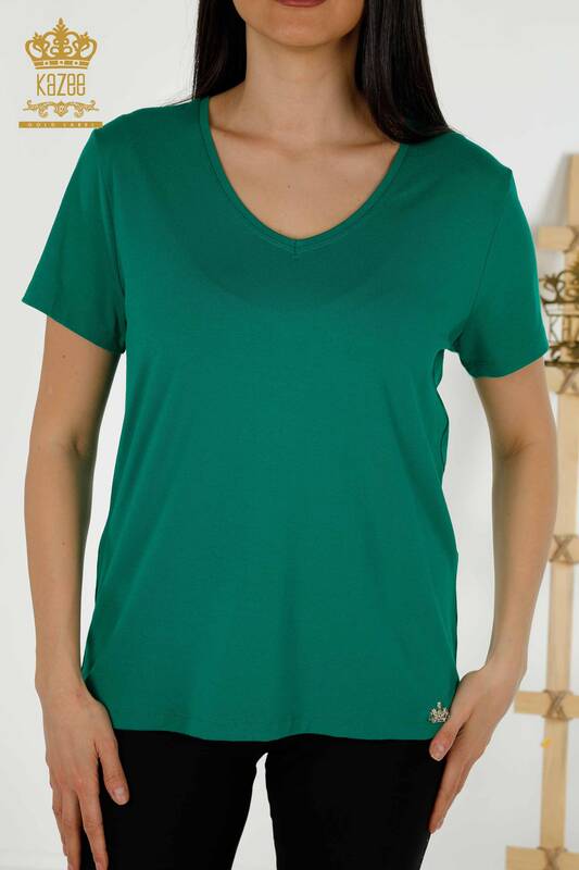 Bluză de damă cu ridicata cu decolteu în V verde - 79179 | KAZEE