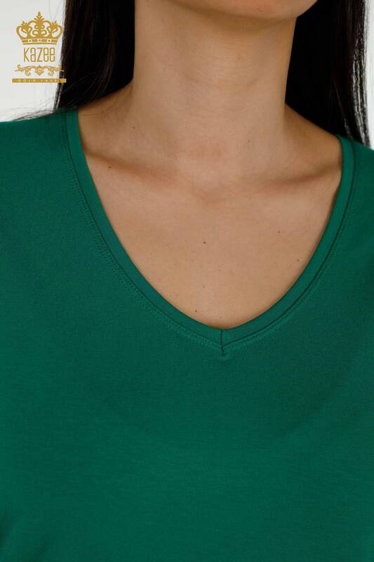 Bluză de damă cu ridicata cu decolteu în V verde - 79179 | KAZEE