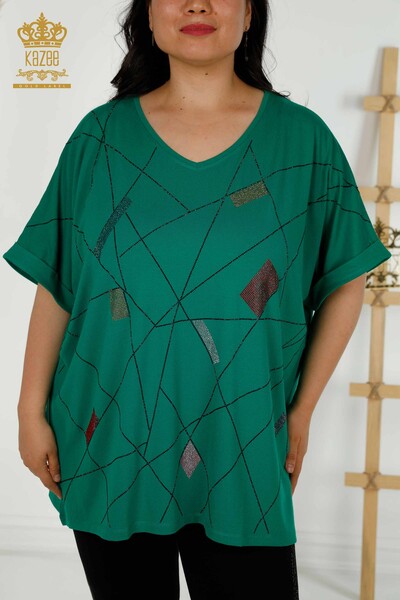 Bluză cu ridicata pentru femei cu decolteu în V verde - 79320 | KAZEE - Thumbnail