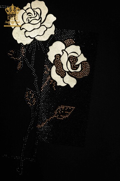 Bluză de damă cu ridicata - Brodat floral - Negru - 79860 | KAZEE - Thumbnail