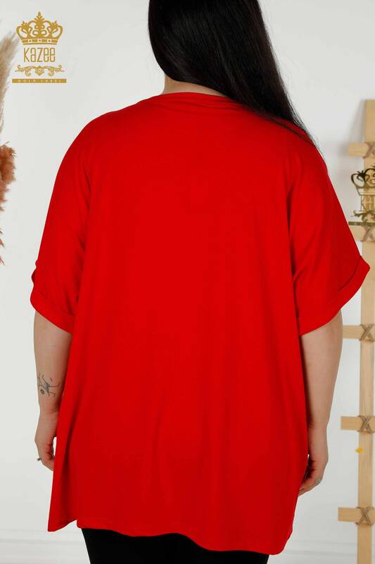 Bluză de damă cu ridicata Frunze cu model roșu - 79318 | KAZEE