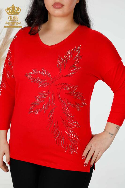 Bluză de damă cu ridicata Frunze cu model roșu - 77970 | KAZEE
