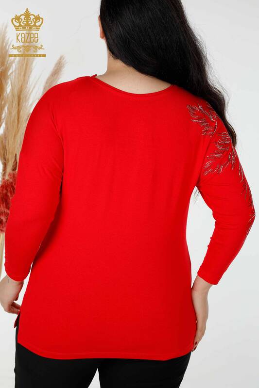 Bluză de damă cu ridicata Frunze cu model roșu - 77970 | KAZEE