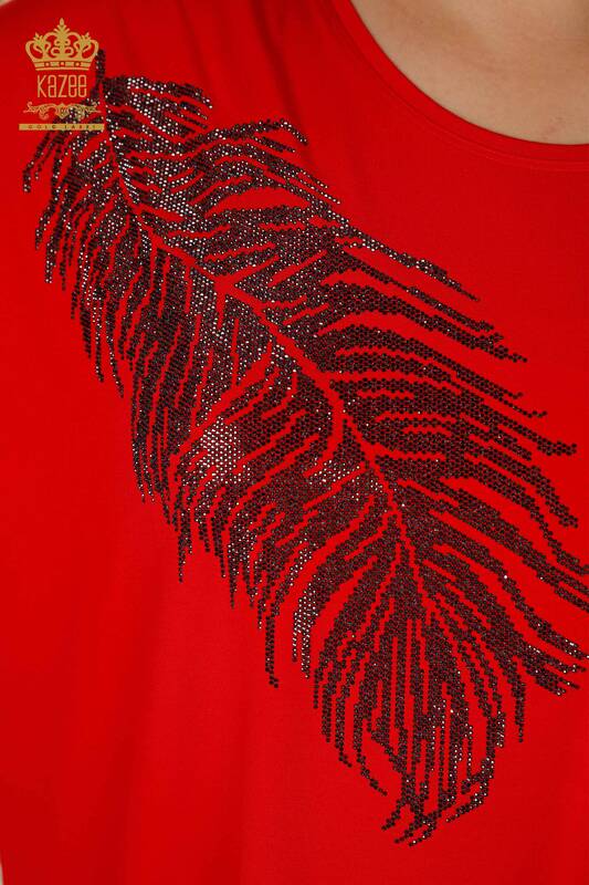 Bluză de damă cu ridicata Frunze cu model roșu - 79322 | KAZEE