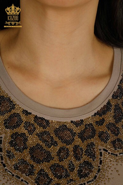 Bluză de damă cu ridicata - brodat leopard - nurcă - 79367 | KAZEE - Thumbnail