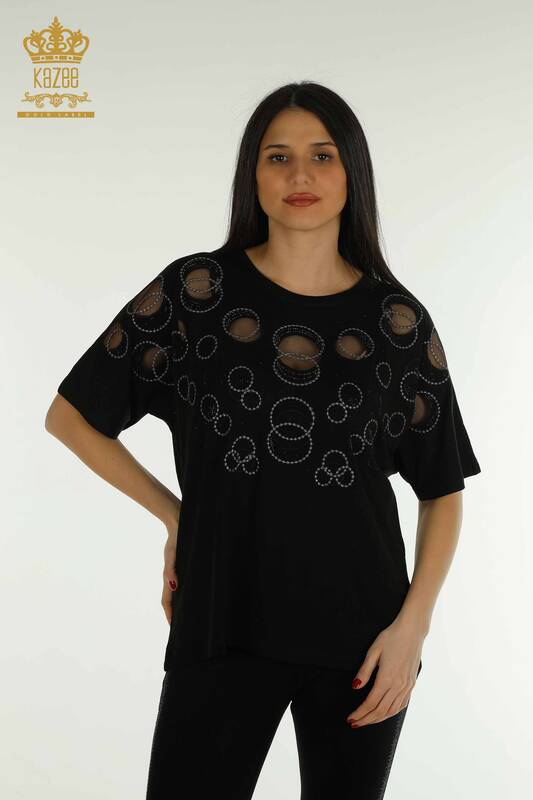 Bluză de damă cu mânecă scurtă cu model negru - 79094 | KAZEE