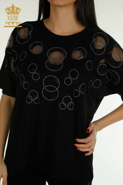 Bluză de damă cu mânecă scurtă cu model negru - 79094 | KAZEE - Thumbnail