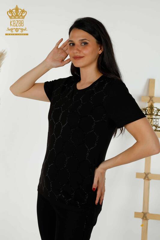 Bluză de damă cu mânecă scurtă cu model negru - 79304 | KAZEE
